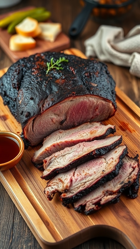 Smoked beef brisket on a cutting board with BBQ sauce and garnished with herbs.